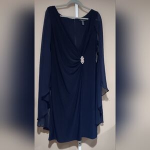 R&M Richards Women's (Size 16W) Navy Embellished Chiffon-Cape Dress (NWT)